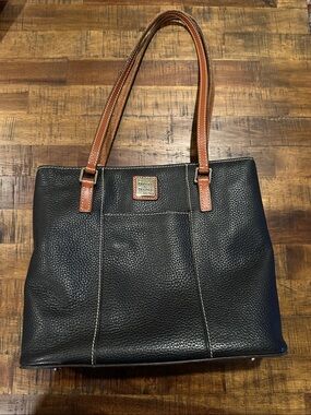 Dooney & Bourke Lexington Small Black Pebbled Leather Tote with Brown Handles